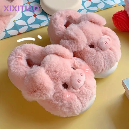 Feerldi Pink fluffy pig slippers women slip on animal slides indoor house furry cotton shoes warm 2024 new girls piggy shoes