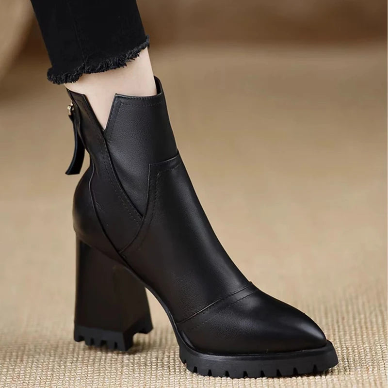 Oulylan Thick High-heeled Women Shoes Retro Elegant Back Zipper Short Boot Autumn Winter Fashion Soft Leather Boots 34-39
