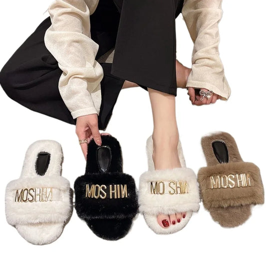 Plus Size 35-42 Plush Slippers Women Autumn and Winter New Fashion Metal Flat Cotton Slippers Non Slip Warm Zapatillas Planas