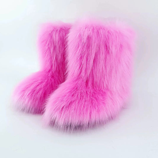 Brown Pink Women's Winter Fluffy Faux Fox Fur Boots Woman Plush Warm Snow Short Boots Luxury Footwear Girls' Furry Fur Booties