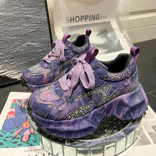 7CM Women Silver Crystal Casual Canvas Chunky Sneakers Woman Stylish Sport Shoes Lace-Up Platform Luxury Shoes zapatos mujer