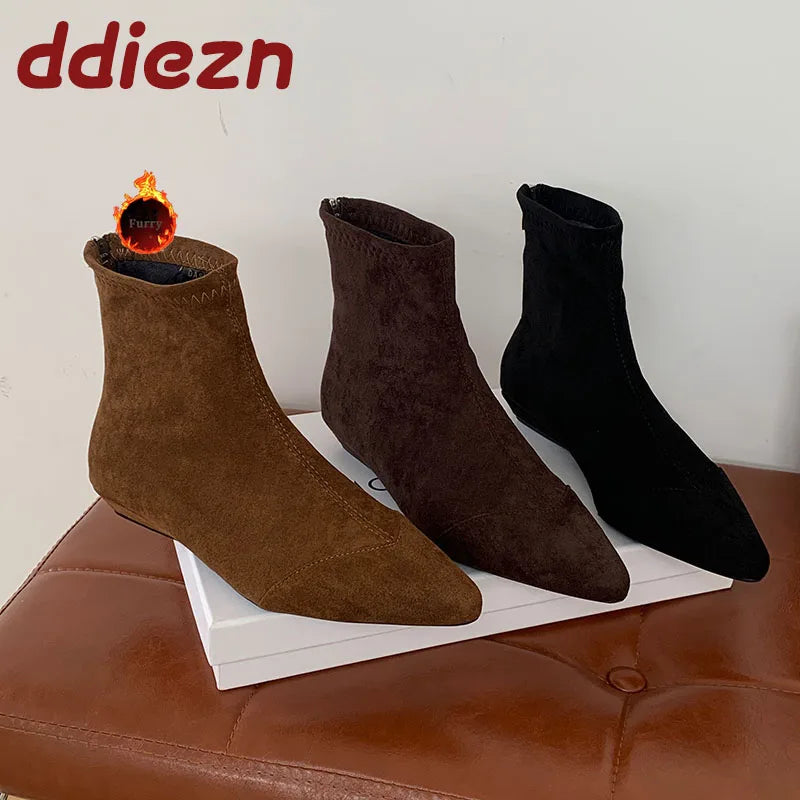 New Fashion Fur Women Ankle Boots With Plush Shoes Pointed Toe Female Warm Footwear Flock Ladies Short Boots Zippers Shoes