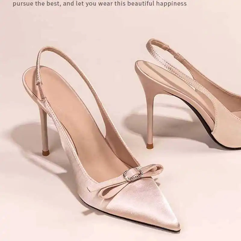 Knot  Head High Heels Sandals Women's Faionable Ele Velvet arp Point Thin Heel Low Cut Summer oes
