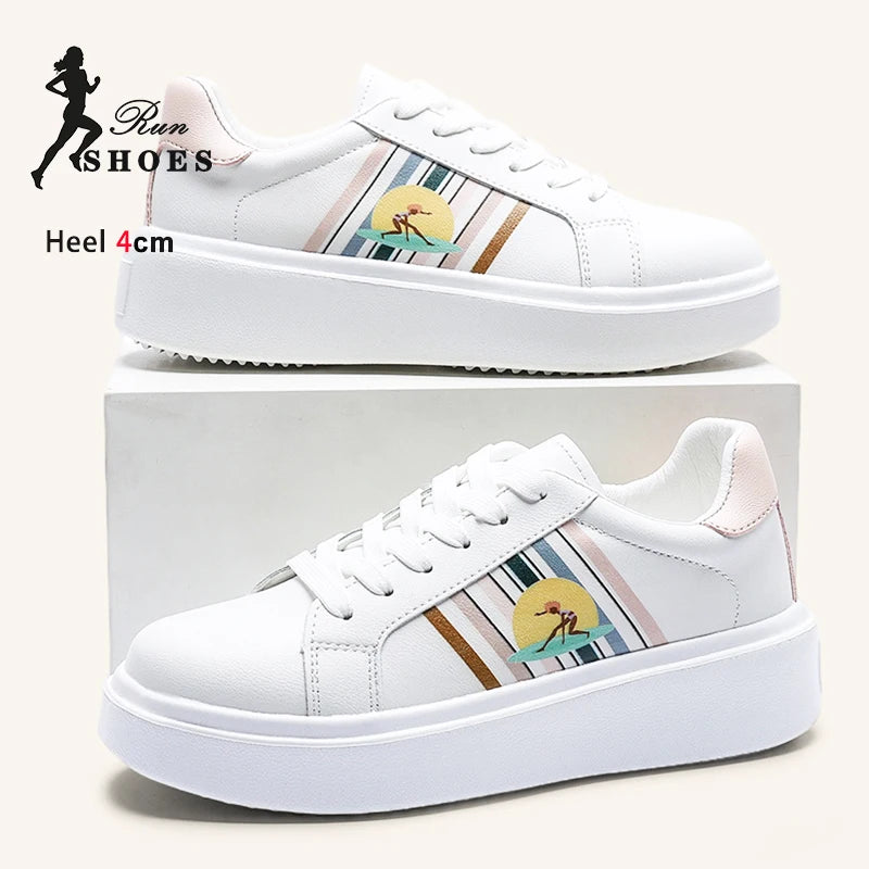 Woman White Versatile Casual Sports Shoes Niche Fashion Print Comforty Heightening Platform Sneakers Academy Style Board Shoes