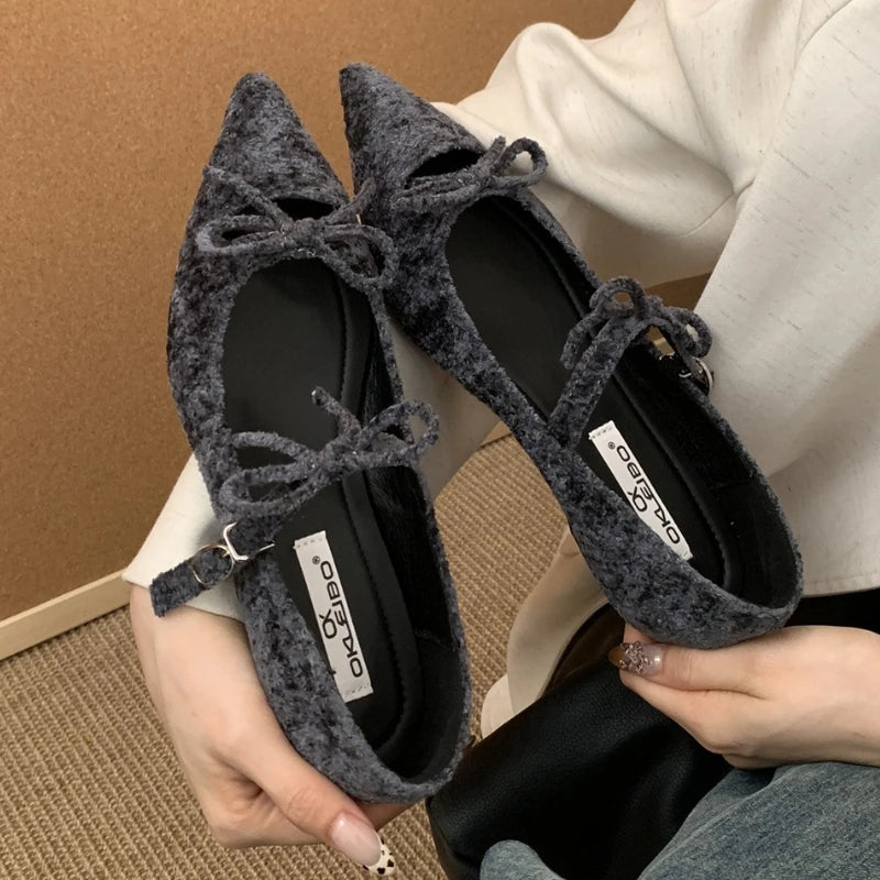 Butterfly-Knot Pointed Toe Mary Jane Shoes Women Shallow Fashion Casual Flat Shoes Elegant Ballet Dress Shoes Zapatos De Mujer
