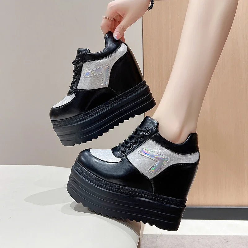 New 2025 Autumn Women High Platform Shoes Height Increasing Casual Shoes 13CM Thick Sole Trainers Leather Shoes Woman Sneakers