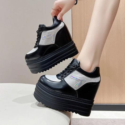 New 2025 Autumn Women High Platform Shoes Height Increasing Casual Shoes 13CM Thick Sole Trainers Leather Shoes Woman Sneakers