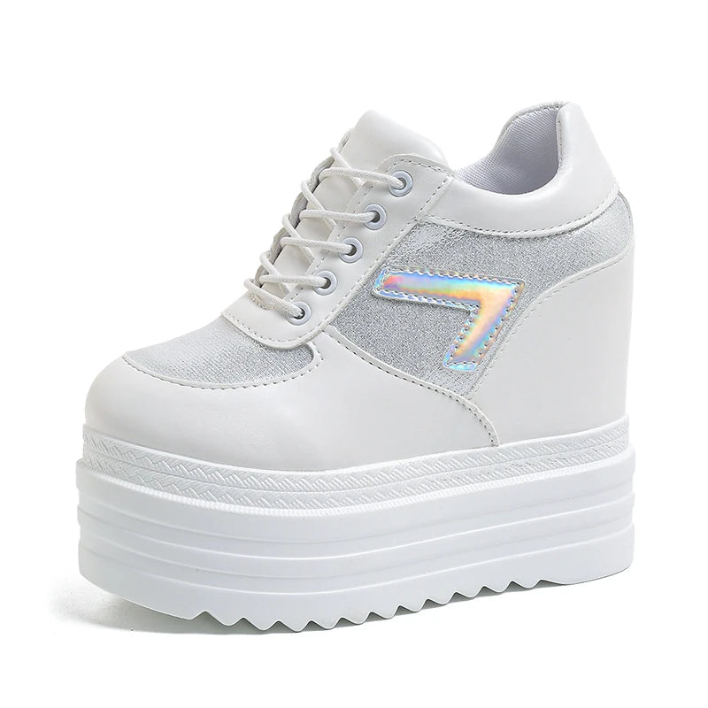 New 2025 Autumn Women High Platform Shoes Height Increasing Casual Shoes 13CM Thick Sole Trainers Leather Shoes Woman Sneakers