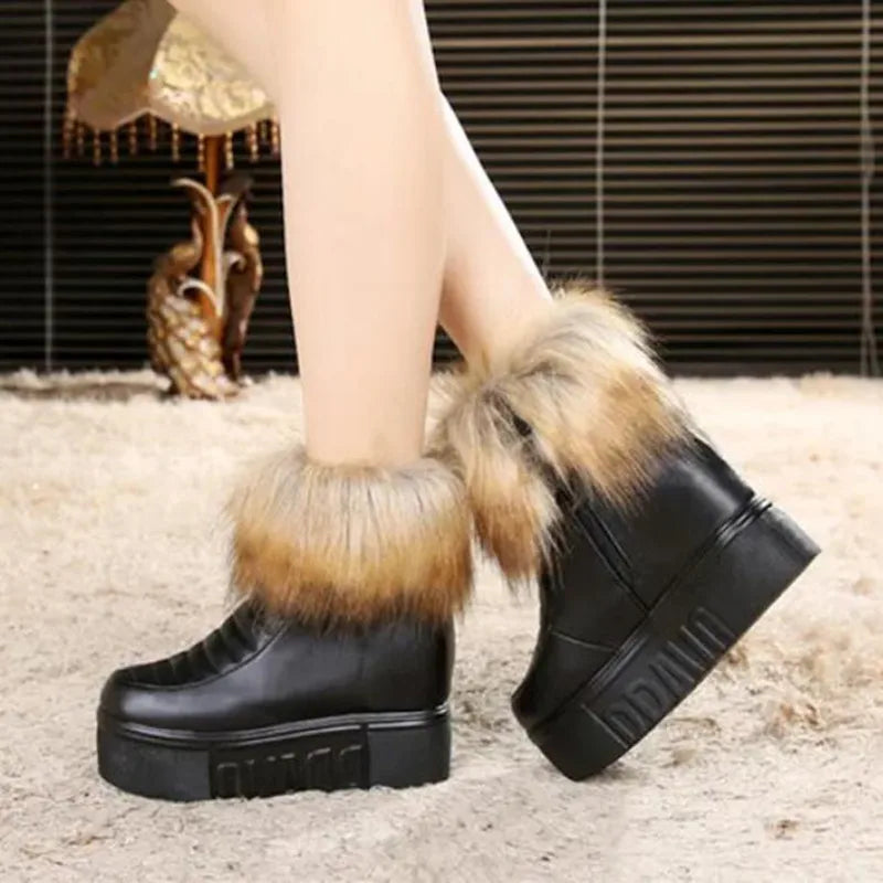 Winter Warm Leather Snow Boots Women Chunky Side Zip Cotton Shoes Fashion Plush Sneakers Height Increasing Footwear White Black