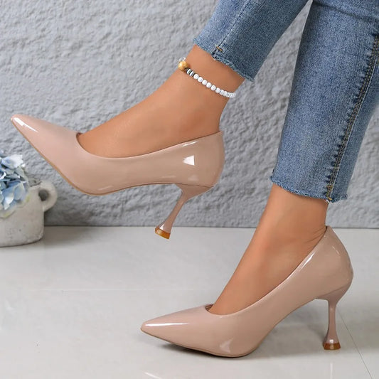 Slip-on Sneakers Autumn New Pointed Toe Light-mouth Patent Leather Wear-resistant Slip Slim Heel Shoes