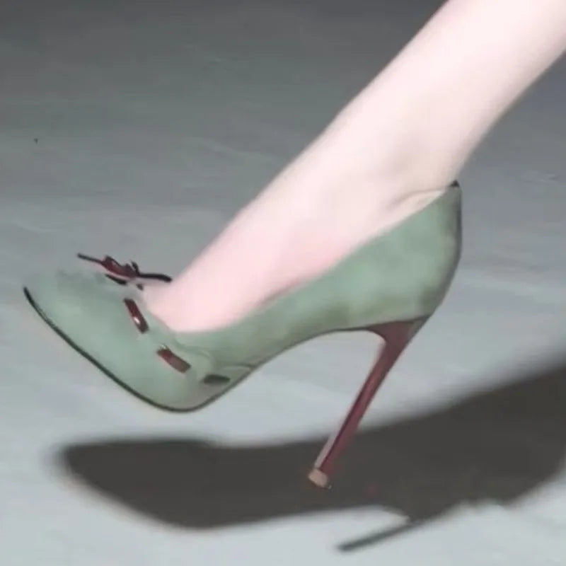 Temperament Super High Heel Single Shoe Round Toe Shallow Suede Butterfly Knot Slip-on Stiletto