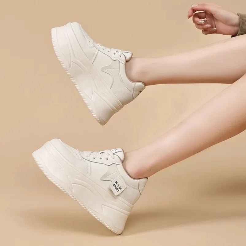 Koznoy Chunky Sneakers Genuine Leather Women Walking Shoes Autumn 12cm Platform Sneakers for Women Casual Shoes White Shoes
