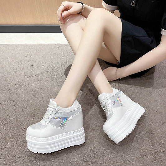 New 2025 Autumn Women High Platform Shoes Height Increasing Casual Shoes 13CM Thick Sole Trainers Leather Shoes Woman Sneakers