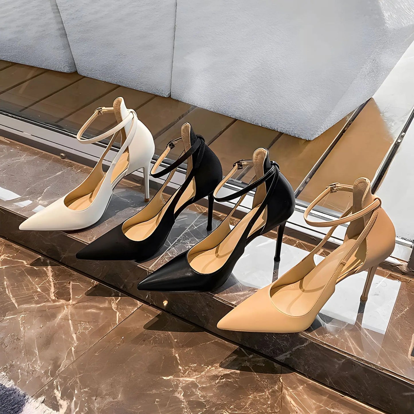 New 10cm Black White Women Ankle Strap Stiletto Shoes Pointed Toe Sexy Thin High Heels Wedding Banquet Sandals Big Size D003A