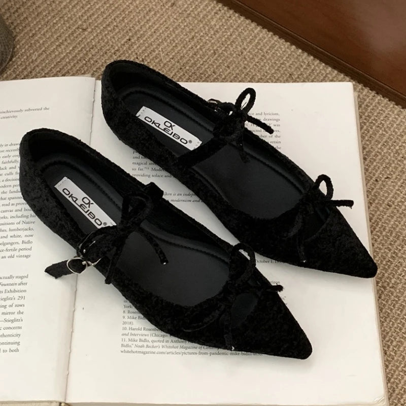 Butterfly-Knot Pointed Toe Mary Jane Shoes Women Shallow Fashion Casual Flat Shoes Elegant Ballet Dress Shoes Zapatos De Mujer