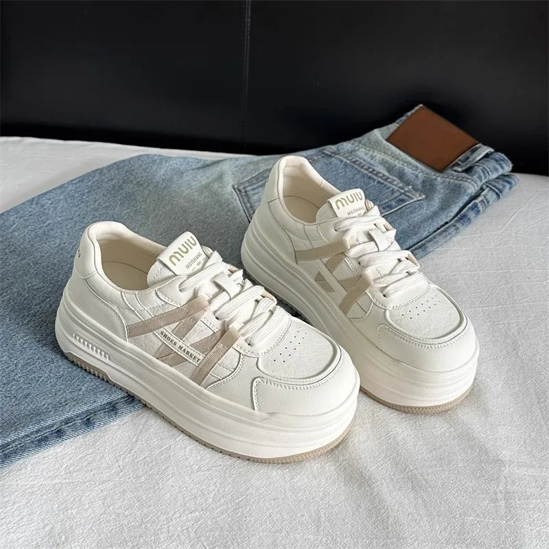 Genuine leather thick-soled height-enhancing white shoes for women platform shoes versatile cowhide women's sneakers casual shoe