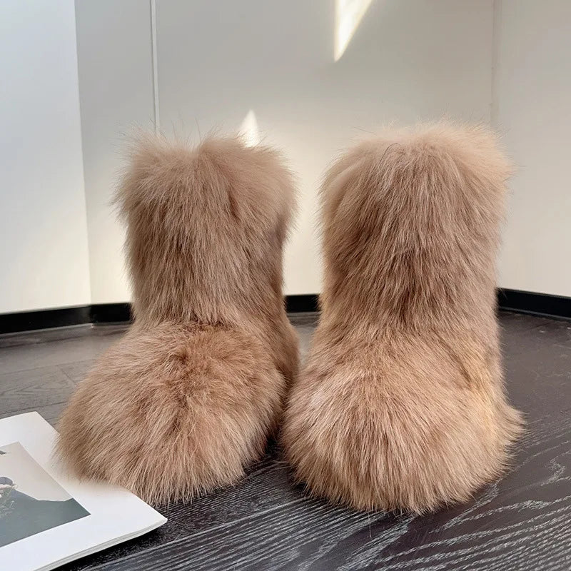 Winter Shoe Women's Winter Fluffy Real Fox Fur Boots Woman Plush Warm Snow Boots Luxury Footwear Girls' Furry Fur Bottes Fashion