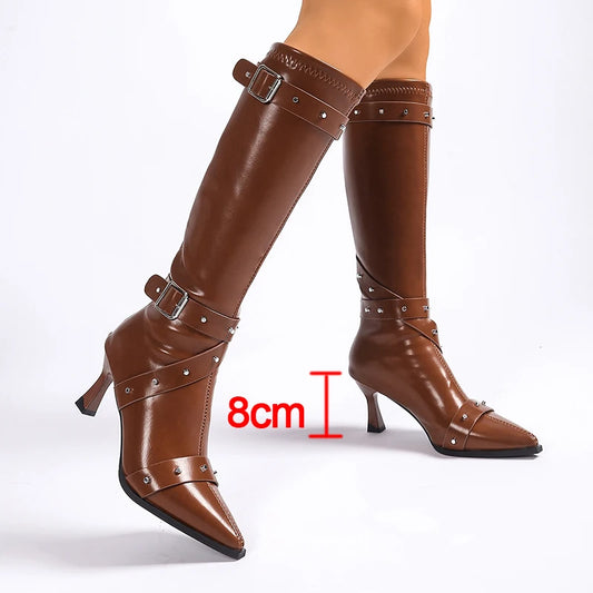 Fashion Stiletto High Heels Women Knee High Boots Sexy Point Toe Night Club Party Shoes Woman Rivet Buckle PU Leather Long Boots