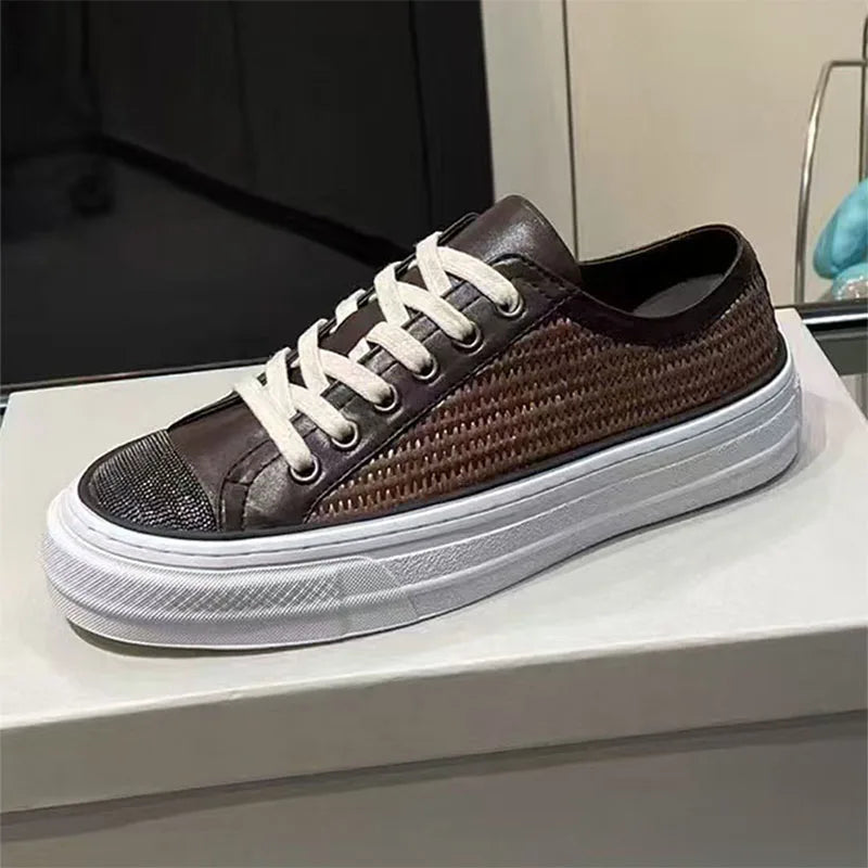 Classic Casual Sneakers Women Genuine Leather String Bead Round Toe Lace Up Flat Shoes Woman Braided Patchwork Walk Shoes Woman