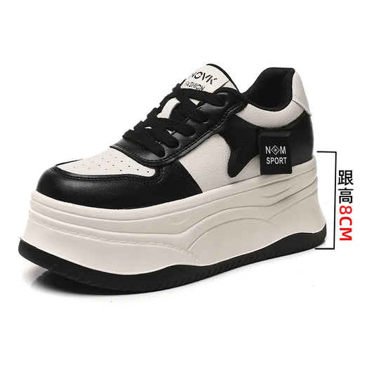 Koznoy Chunky Sneakers Genuine Leather Women Walking Shoes Autumn 12cm Platform Sneakers for Women Casual Shoes White Shoes