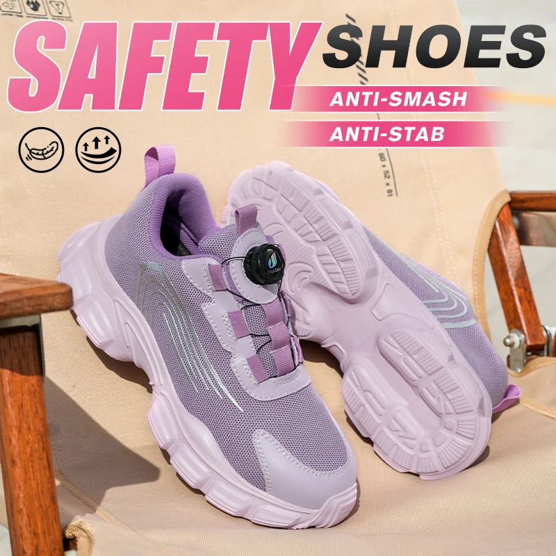 Steel Toe Safety Shoes Casual Shoe Women Anti-smash Puncture-Proof Lightweight Breathable Work Sneakers for Work as Hiking Pink