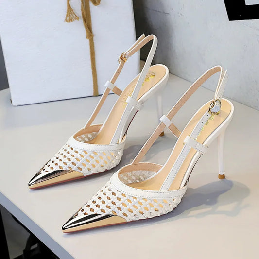 New Fashionable Hollow Weaving Fine Heel Sandals with Women's High Grade, Metal Pointed Straight Strap High Heels