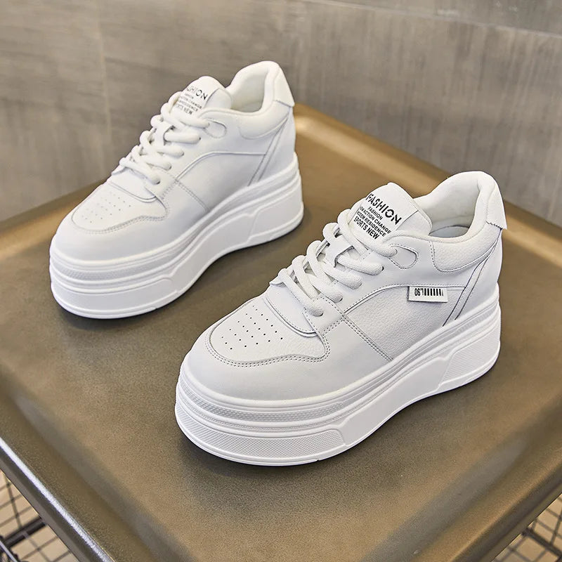 9CM Genuine Leather NEW Brand Designer Summer Autumn Platform Women Casual Shoes Chunky Sneakers Running Walking Shoes 34- 40