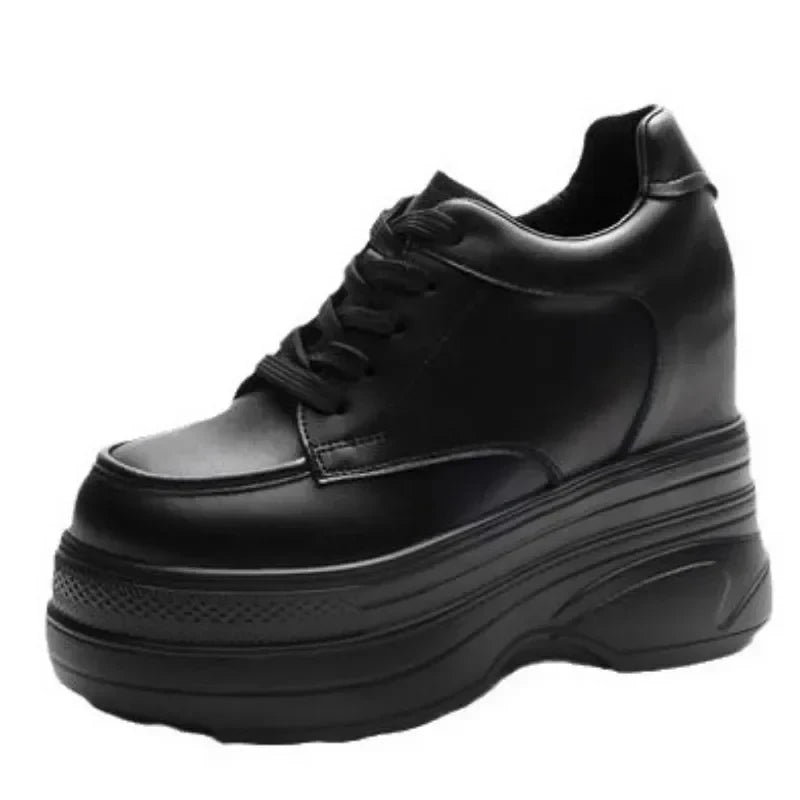 New Women Sneakers Genuine Leather Casual Platform Trainers Black Shoe 11CM Heels Autumn Wedges Woman Height Increasing Shoes