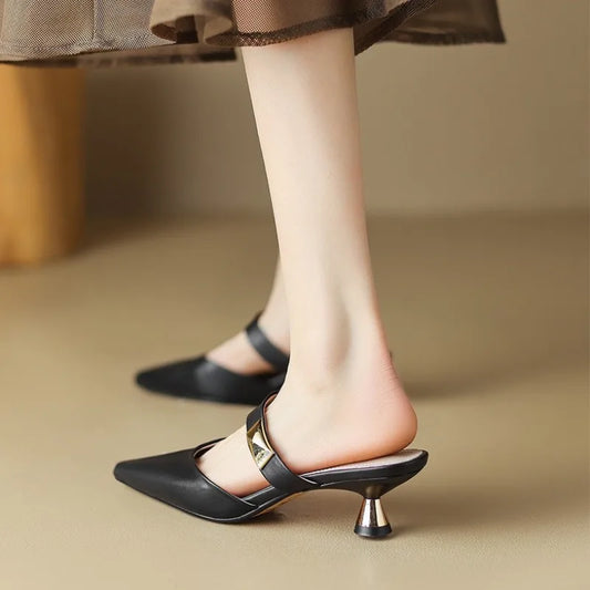 Singbacks Elegant Women Sandals High Heels Summer Pointed Toe Slip-on Mules Shoes Pumps Party Thin Heel Ladies Slippers De Mujer