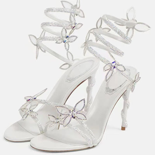 Eilyken Sexy CRYSTAL Flower Thin High Heels Women Sandals Street Style Narrow Band Ankle Strap Pole Dancing Ladies Shoes