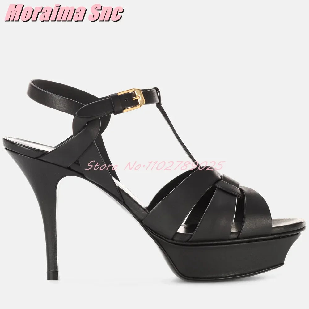 Platform Waeve T-strap Square Toe Sandals Stiletto High Heel Patent Leather Ankle Buckle Strap Sexy Fashion Women's Dress Shoes