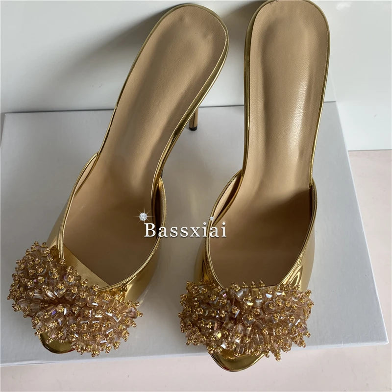 Crystal String Beads Flower Sandals Women 10cm Stiletto Heel Luxury Patent Leather Slingbacks Mules Summer