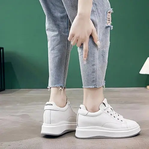 8CM New Platform Genuine Leather Chunky Sneaker Casual Hidden Heels Spring Summer Autumn Comfy Breathable High Brand Shoes