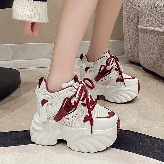 Women Platform Sneakers Lace-up Autumn 11CM Sports Dad Shoes High Top Chunky Casual Shoes Woman Thick Bottom Mesh White Shoes