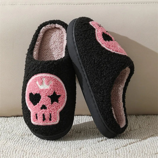 Punk Pink Skull Embroidery Couple Slippers Women 2025 Winter Comfort Flat Heel Cotton Slides Non Slip Plush Indoor Slippers