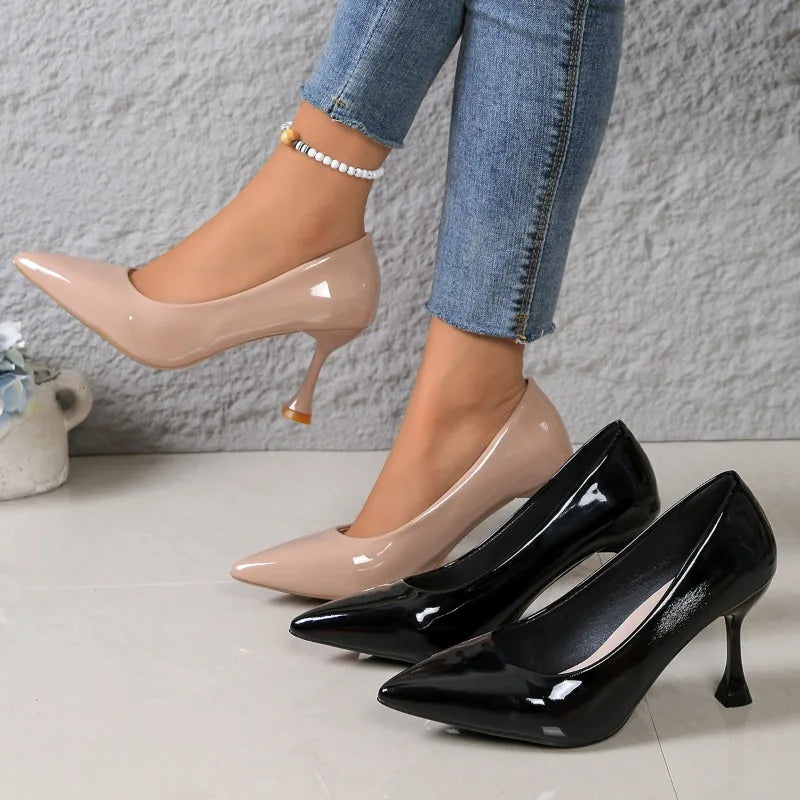 Slip-on Sneakers Autumn New Pointed Toe Light-mouth Patent Leather Wear-resistant Slip Slim Heel Shoes