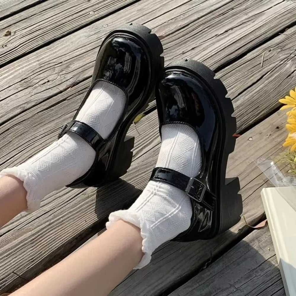 Mary Janes Lolita JK Leather Shoes Glossy/Matte Ankle Buckle Casual Single Shoes Platform Lolita Black High Heels Shoes Lady