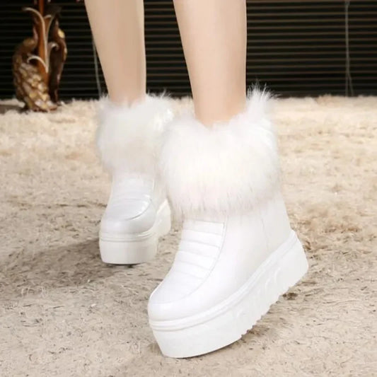 Winter Warm Leather Snow Boots Women Chunky Side Zip Cotton Shoes Fashion Plush Sneakers Height Increasing Footwear White Black