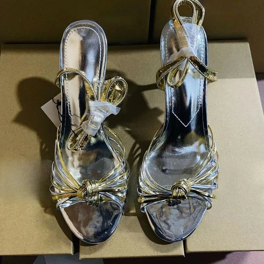 Retro Vintage Women's High Heel Sandals Golden Woven Hollow Out Open Toe Ankle Strap Sexy Party Shoes for Wedding Boho Beach