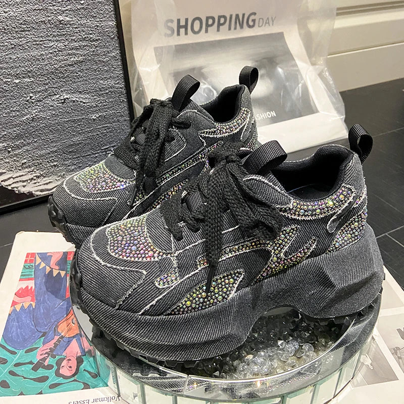 7CM Women Silver Crystal Casual Canvas Chunky Sneakers Woman Stylish Sport Shoes Lace-Up Platform Luxury Shoes zapatos mujer