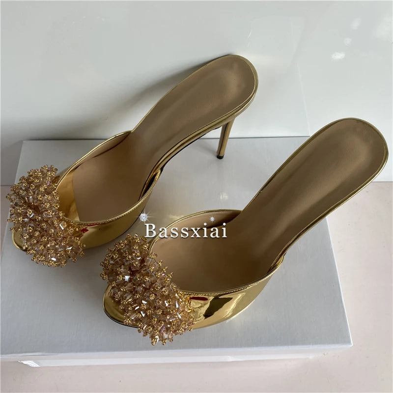 Crystal String Beads Flower Sandals Women 10cm Stiletto Heel Luxury Patent Leather Slingbacks Mules Summer