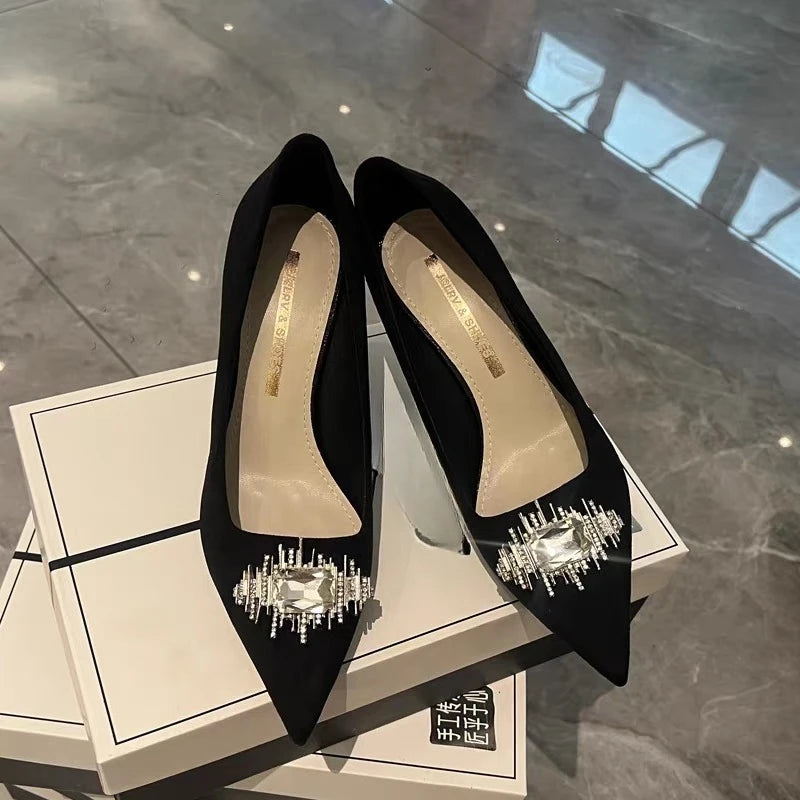 2025 New French Rhinestone Pointed Toe Pump Feminine Stiletto Shoe