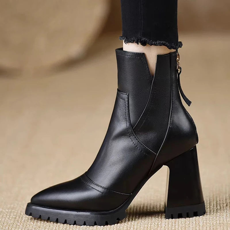Oulylan Thick High-heeled Women Shoes Retro Elegant Back Zipper Short Boot Autumn Winter Fashion Soft Leather Boots 34-39