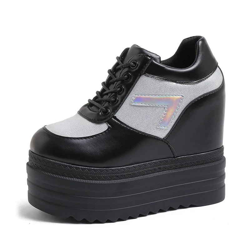 New 2025 Autumn Women High Platform Shoes Height Increasing Casual Shoes 13CM Thick Sole Trainers Leather Shoes Woman Sneakers