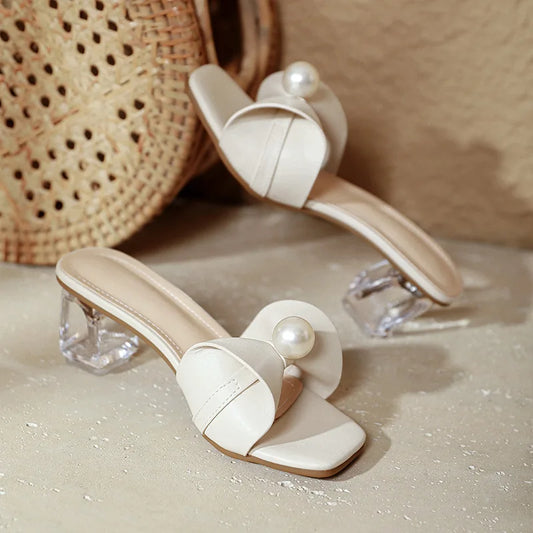 New Women's Summer Pumps High Heel Fretwork Heel Slippers Elegant Pearl Decoration Slip on Stiletto Korean Style Sandal