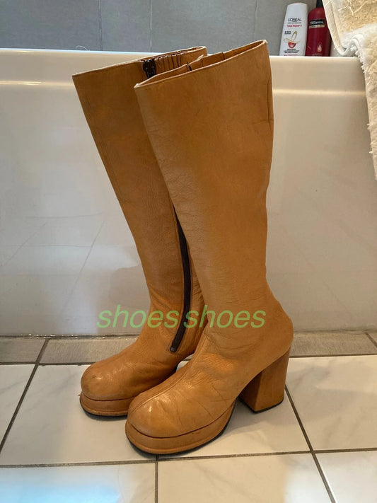 Lady Runway Y2K Style Platform Knee Boots New Arrive Zipper Pu Fall Dark Brown Yellow Chunky Heel Runway Footwear Size 34-46