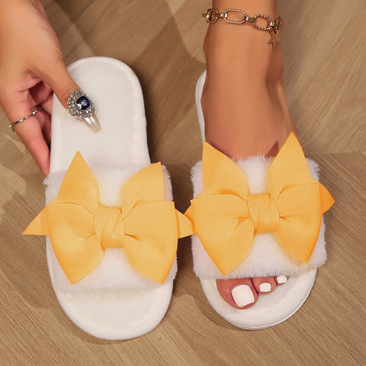 Ladies' Slippers Have a Stylish Winter Vibe with Bow Ties Indoor Soft-Soled Slippers Are Comfortable and Warm.