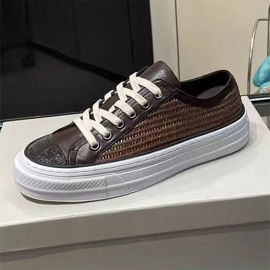 Classic Casual Sneakers Women Genuine Leather String Bead Round Toe Lace Up Flat Shoes Woman Braided Patchwork Walk Shoes Woman