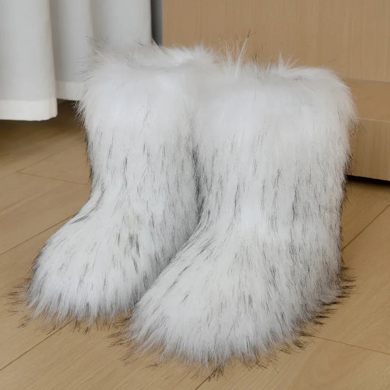 Winter Shoe Women's Winter Fluffy Faux Fox Fur Boots Woman Plush Warm Snow Boots Luxury Footwear Girls' Furry Fur Bottes Fashion