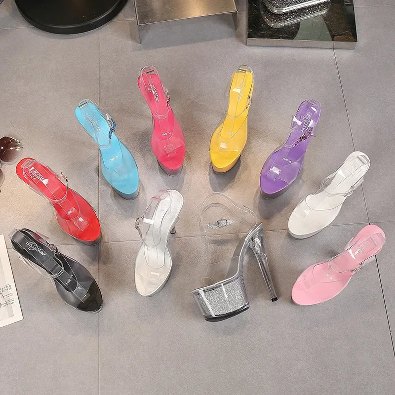Nightclub Car Model Shoes Super High Heels 17 Cm Thin Heels Waterproof Table Sandals Transparent Crystal Shoes LFD-181-37